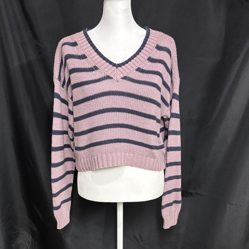 American Eagle Cropped Purple and Navy Striped V-Neck Sweater